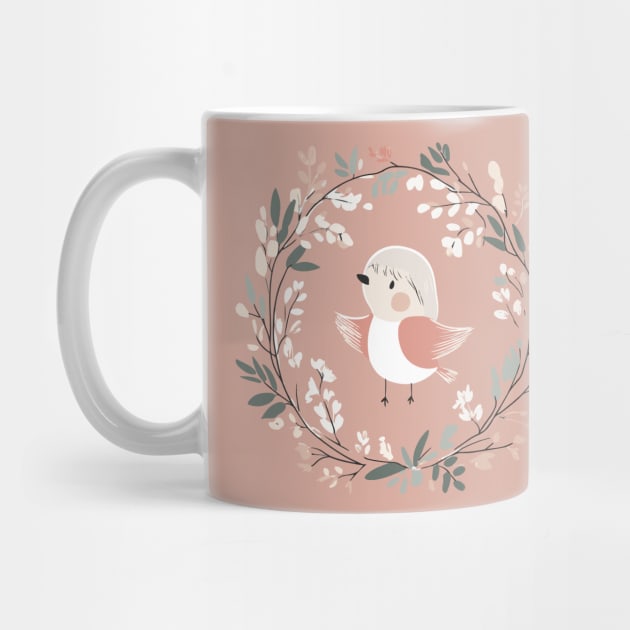 Boho Kawaii Robin – Adorable Bird in a Floral Wreath by TuncGK